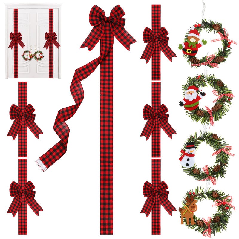 Ysleen 6 Pcs Christmas Cabinet Ribbon Bows Festive Large Xmas Bows and 4 Pcs Christmas Pine Wreath with Snowman Santa Claus Artificial Xmas Front Door Wreath for Winter PartyBlack and Red - Image 2