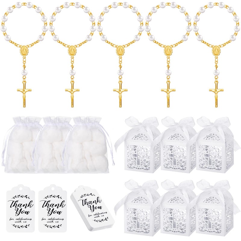MTLEE 100 Pieces Baptism Favors Set Includes 25 Mini Rosary Baptism Favors 25 Baptism Favor Boxes 25 White Organza Bags with Drawstring 25 Thank Tags for Baby Shower Christian GiftsGold