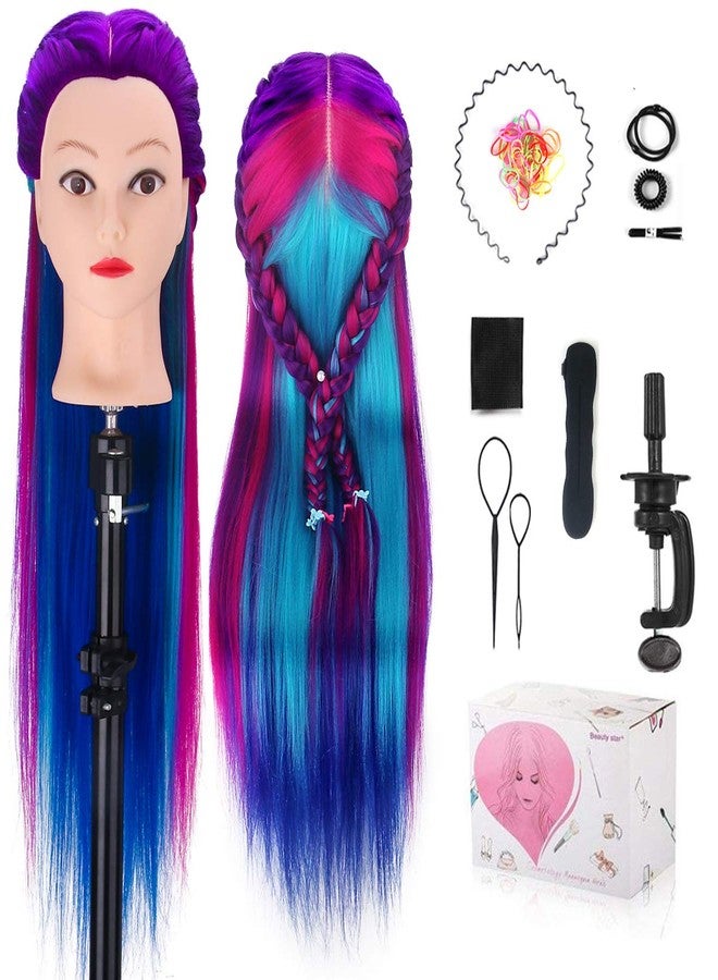 MYSWEETY 28" Mannequin Head With Hair - Styling Training Manikin Cosmetology Doll Synthetic Fiber Hair, Table Clamp & Braiding Kit - Purple - Image 1