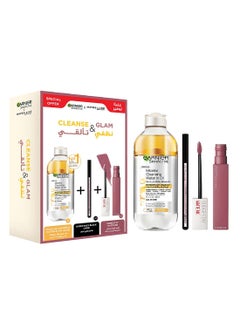 Maybelline New York & Garnier Cleanse & Glam Bundle: Micellar Cleansing Water in Oil 400ML , Hyper Easy Eyeliner, SuperStay Matte Ink