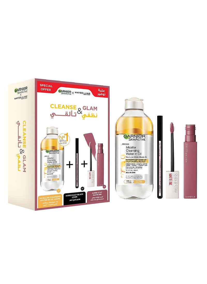 MAYBELLINE NEW YORK - Maybelline New York & Garnier Cleanse & Glam Bundle: Micellar Cleansing Water in Oil 400ML , Hyper Easy Eyeliner, SuperStay Matte Ink - Image 1