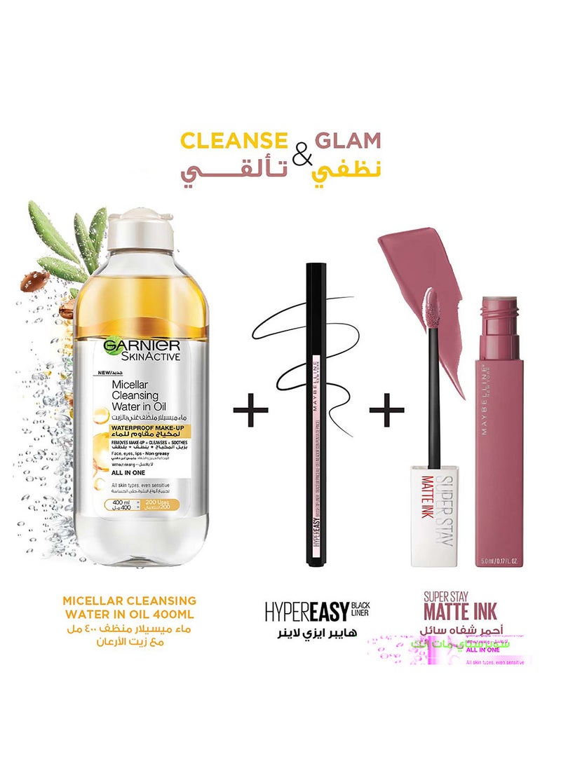 MAYBELLINE NEW YORK - Maybelline New York & Garnier Cleanse & Glam Bundle: Micellar Cleansing Water in Oil 400ML , Hyper Easy Eyeliner, SuperStay Matte Ink - Image 1