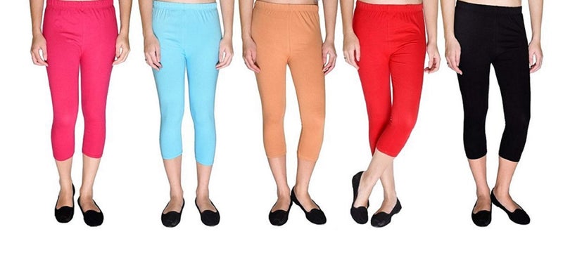 FEELBLUE Premium Cotton Strechable Women's Casual/Gym/Sports 3/4th Capri (Free Size) Combo Pack of 5 (RaniFiroziPeachRedBlck) - Image 1