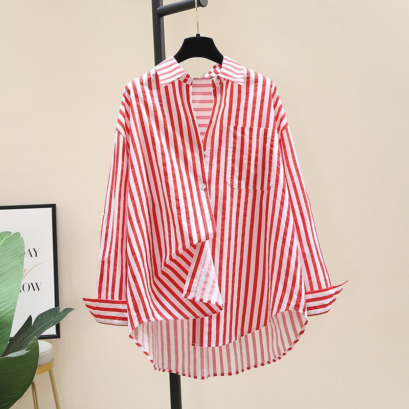 Pure Cotton Striped Shirt Womens Sunscreen Summer New Fashion Loose All-match Long-sleeved Cardigan Shirt Womens Casual Jacket Red striped shirt