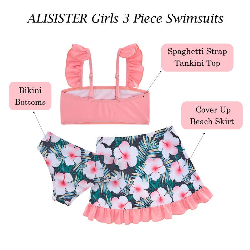 ALISISTER Little Girls Bathing Suits 3 Piece Swimsuit Hawaii Tropical Leaf Printed Bikini Tankini Sets with Cover Up Skirt Summer Beach Swimwear 7-8 Years Old Pink Floral - Image 5