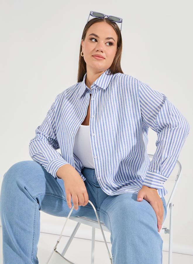 Styli Plus Size Striped Button Placket Oversized Shirt - Image 1