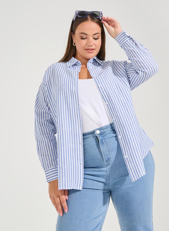 Styli Plus Size Striped Button Placket Oversized Shirt - Image 3