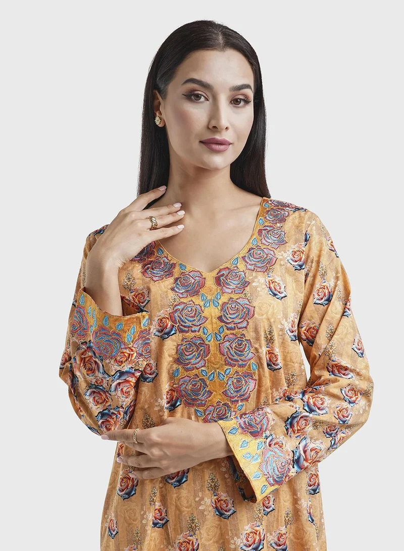 كشخة Brown Cotton Floral Print Embroiderd Jalabiya (VG2893)