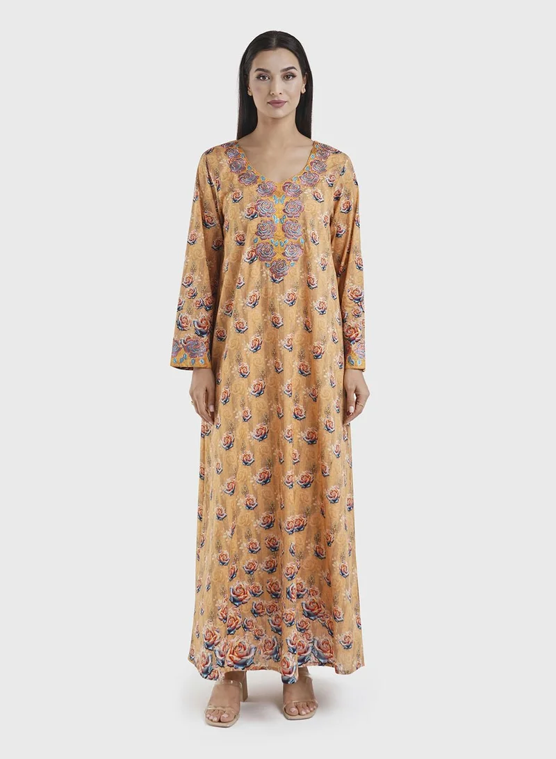 كشخة Brown Cotton Floral Print Embroiderd Jalabiya (VG2893)