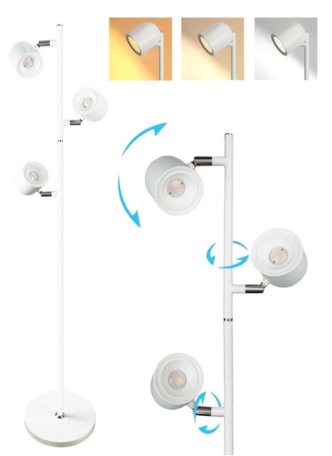 Floor Lamp With 3 LED Light, Modern Muiti-Head Adjustable Standing Lamp, 3 Color & Stepless Brightness Dimmer for Living Room Corner Lamp, Office Task Light, White