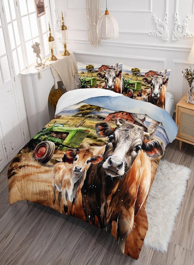 AILONEN 3D Dairy Cattle Comforter Set Full Size, Calf Animal with Tractor Bed in a Bag for Kids Girls Boys,Vintage Farm Bedding Set,Farm Animal Duvet Set,1 Quilt 2 Pillowcases,3 PCS - Image 2