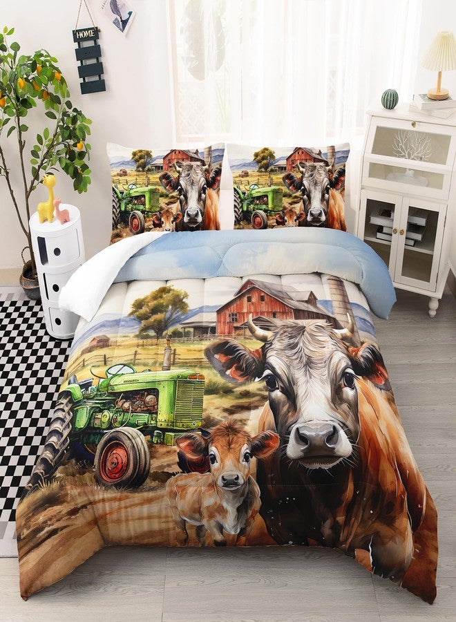 AILONEN 3D Dairy Cattle Comforter Set Full Size, Calf Animal with Tractor Bed in a Bag for Kids Girls Boys,Vintage Farm Bedding Set,Farm Animal Duvet Set,1 Quilt 2 Pillowcases,3 PCS - Image 1
