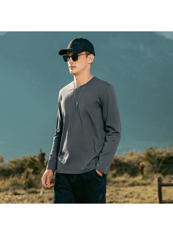 Cotton】men's V-neck Long Sleeve T-shirt - Solid Color Basic Tee For Spring 2025 - Image 3