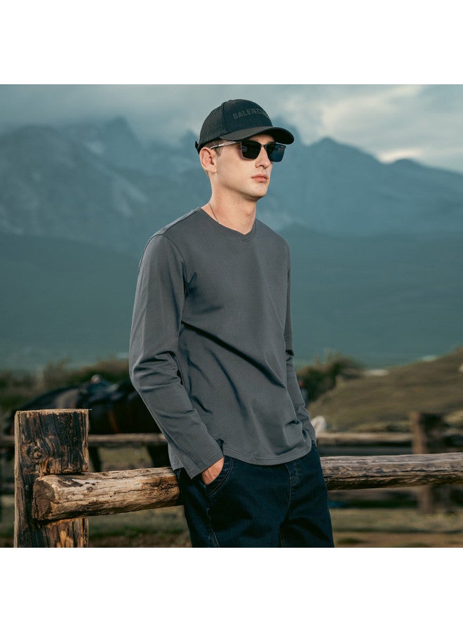 Cotton】men's V-neck Long Sleeve T-shirt - Solid Color Basic Tee For Spring 2025 - Image 5