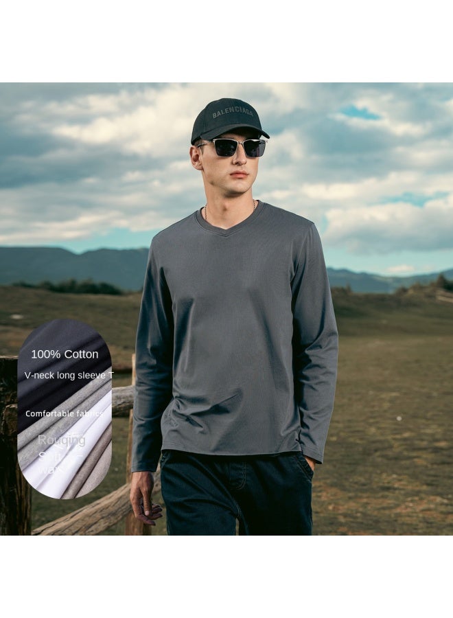 Cotton】men's V-neck Long Sleeve T-shirt - Solid Color Basic Tee For Spring 2025 - Image 1
