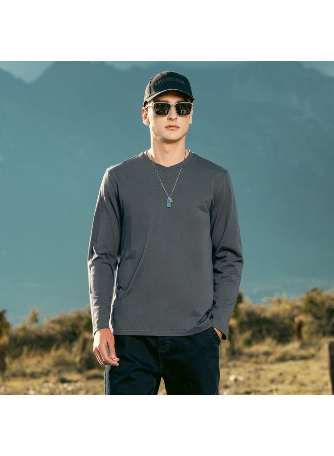 Cotton】men's V-neck Long Sleeve T-shirt - Solid Color Basic Tee For Spring 2025 - Image 4