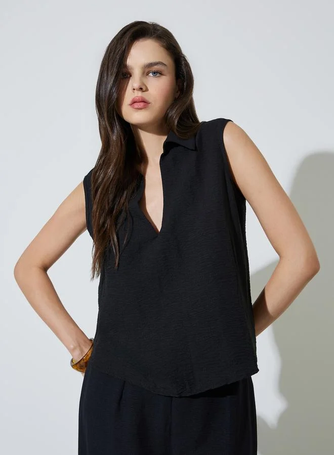 تايك تو Black Open Collar Top and Pants Co-Ords Set