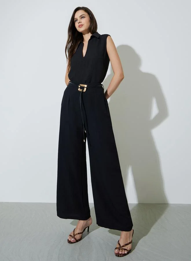 تايك تو Black Open Collar Top and Pants Co-Ords Set