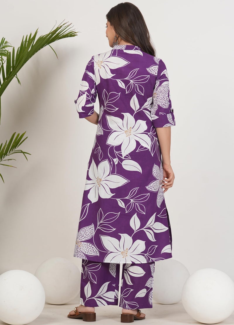 rytras Women's Pure Cotton Printed Ethnic Wear A-Line Kurta Set with Palazzo Pants(RYT648,Purple,L) - Image 2
