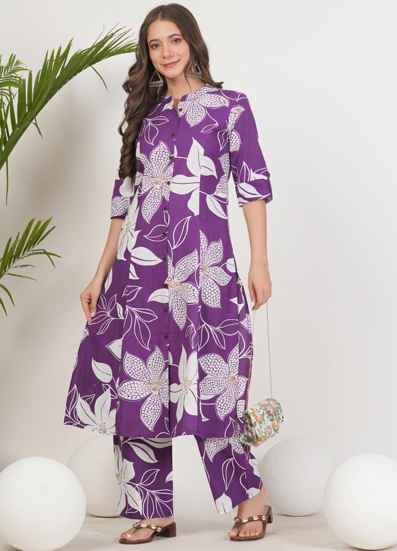 rytras Women's Pure Cotton Printed Ethnic Wear A-Line Kurta Set with Palazzo Pants(RYT648,Purple,L) - Image 3