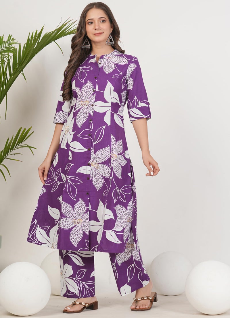 rytras Women's Pure Cotton Printed Ethnic Wear A-Line Kurta Set with Palazzo Pants(RYT648,Purple,L) - Image 4