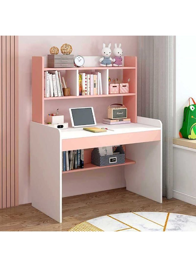 Generic Kids Girls Study Desk, Wooden Studen Writing Desk Study Table with Bookshelf for Home Learning, Height Adjustable Desktop, 100x48x80cm, XXA100 (Pink) 