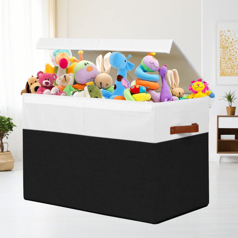 Gowee Large Toy Storage Box with Lid, Sturdy Toys Storage Chest Bin Organizer Basket with Dividers for Kids, Boys, Girls, Nursery, Closet, Bedroom, Playroom 25"x13" x16" (Black and White) - Image 2