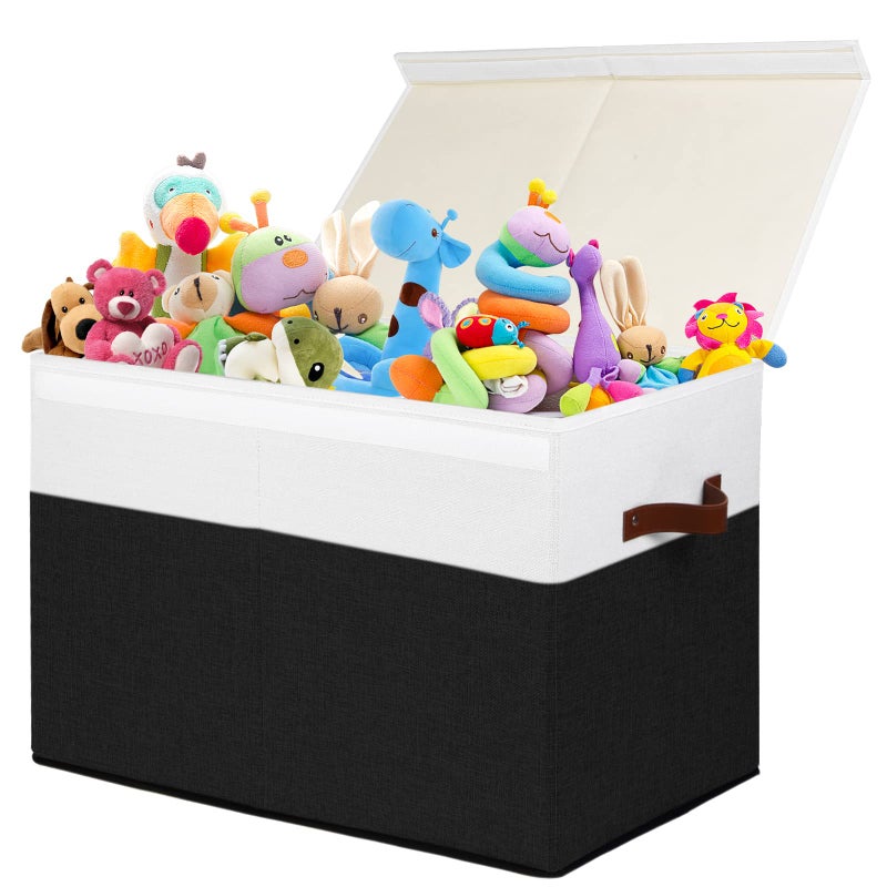 Gowee Large Toy Storage Box with Lid, Sturdy Toys Storage Chest Bin Organizer Basket with Dividers for Kids, Boys, Girls, Nursery, Closet, Bedroom, Playroom 25"x13" x16" (Black and White) - Image 1