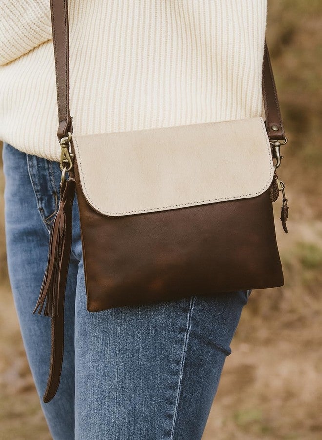 Celtic Women Leather Sling Bag Tabaco and Cream Crossbody Bag with Tassel - Image 3