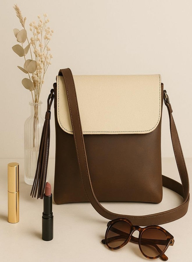 Celtic Women Leather Sling Bag Tabaco and Cream Crossbody Bag with Tassel - Image 5