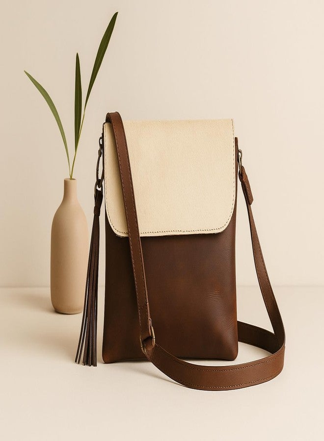 Celtic Women Leather Sling Bag Tabaco and Cream Crossbody Bag with Tassel - Image 4