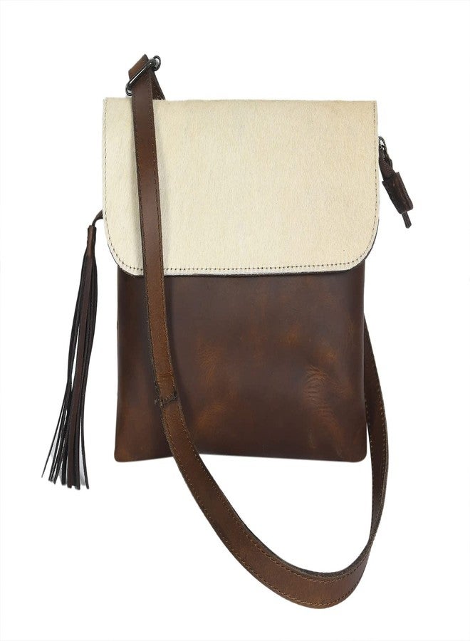 Celtic Women Leather Sling Bag Tabaco and Cream Crossbody Bag with Tassel - Image 1
