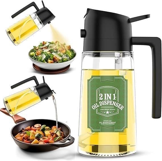 Rellon 2 in 1 Oil Dispenser and Oil Sprayer 500ml Oil Dispenser Bottle Spray and Pour Glass Olive Oil Sprayer for Cooking Oil Spray Bottle Mister Spritzer for BBQ Air Fryer Kitchen