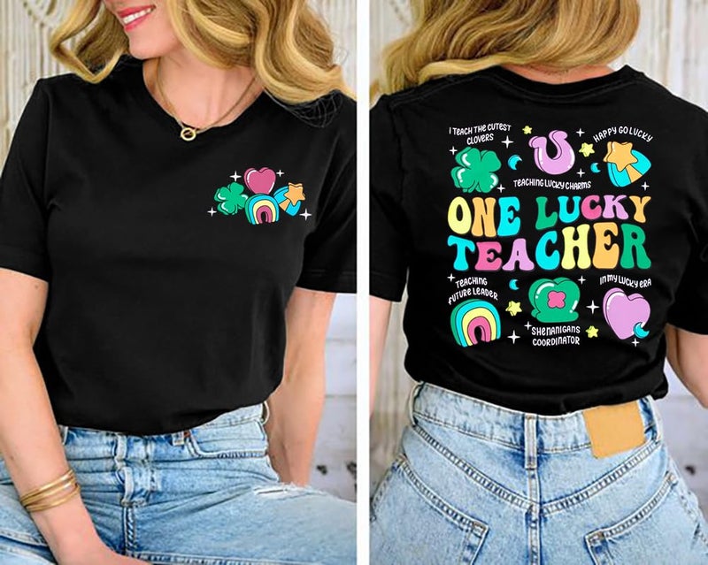 UNIQUEONE St Patricks Day Shirt Women One Lucky Teacher St. Patrick's Day Shirts for Women School Teach Shirt Black - Image 5