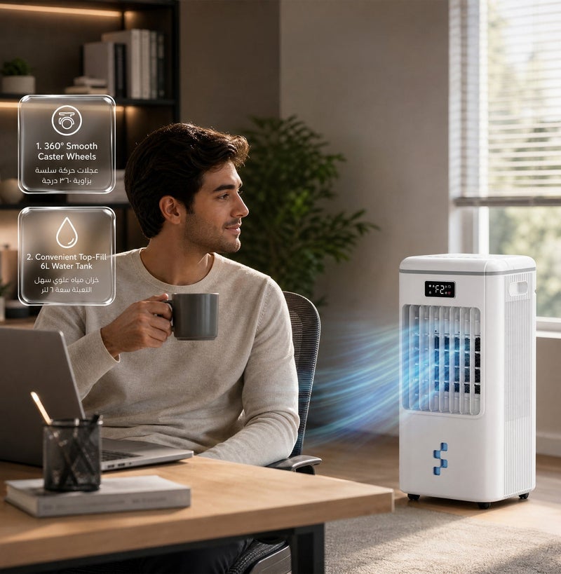 GREEN LION Air Cooler 6L Water Tank 75W Portable Evaporative Cooler with HEPA Filter, Humidifier, Remote Control, LED Display and 360 Caster Wheels AC-200 White - Image 5