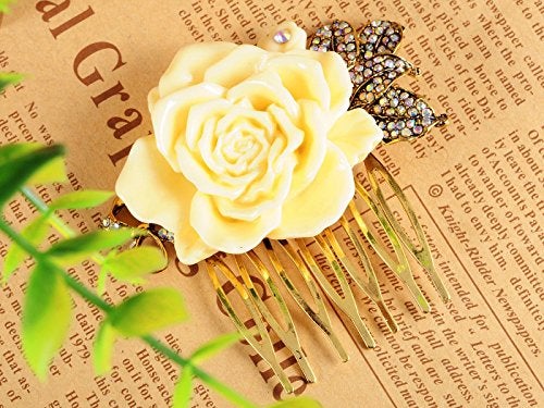 Alilang Gold Tone Sculpted Yellow Enamel Flower Rainbow Rhinestones Bow Leaves Hair Pin Clip Comb, One Size, 1 Piece - Image 2