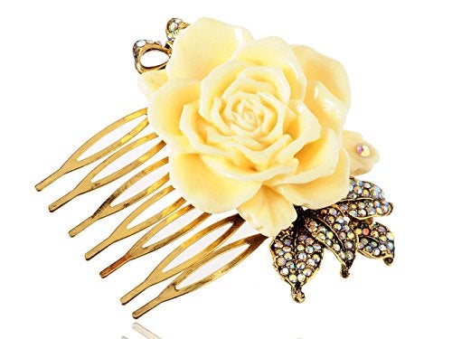 Alilang Gold Tone Sculpted Yellow Enamel Flower Rainbow Rhinestones Bow Leaves Hair Pin Clip Comb, One Size, 1 Piece - Image 1