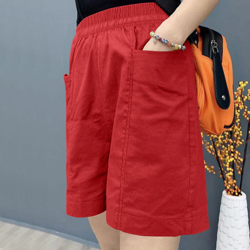 Red Five-point Pants Womens Summer New Arrival Stretchy Waist Large Pocket Large Size Shorts for Chubby Girls Loose Casual Wide-leg Hot Pants Khaki