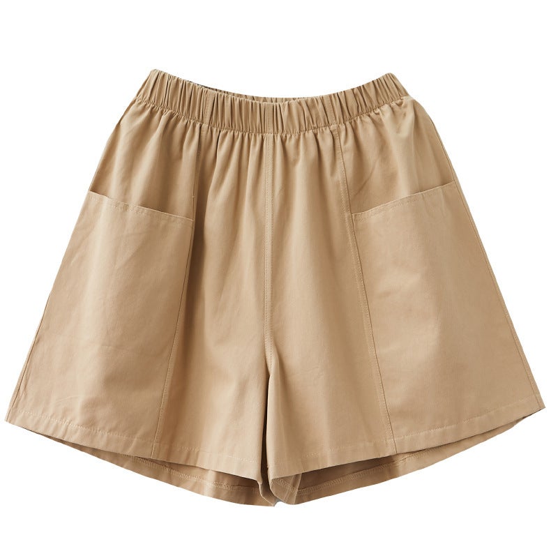 Red Five-point Pants Womens Summer New Arrival Stretchy Waist Large Pocket Large Size Shorts for Chubby Girls Loose Casual Wide-leg Hot Pants Khaki