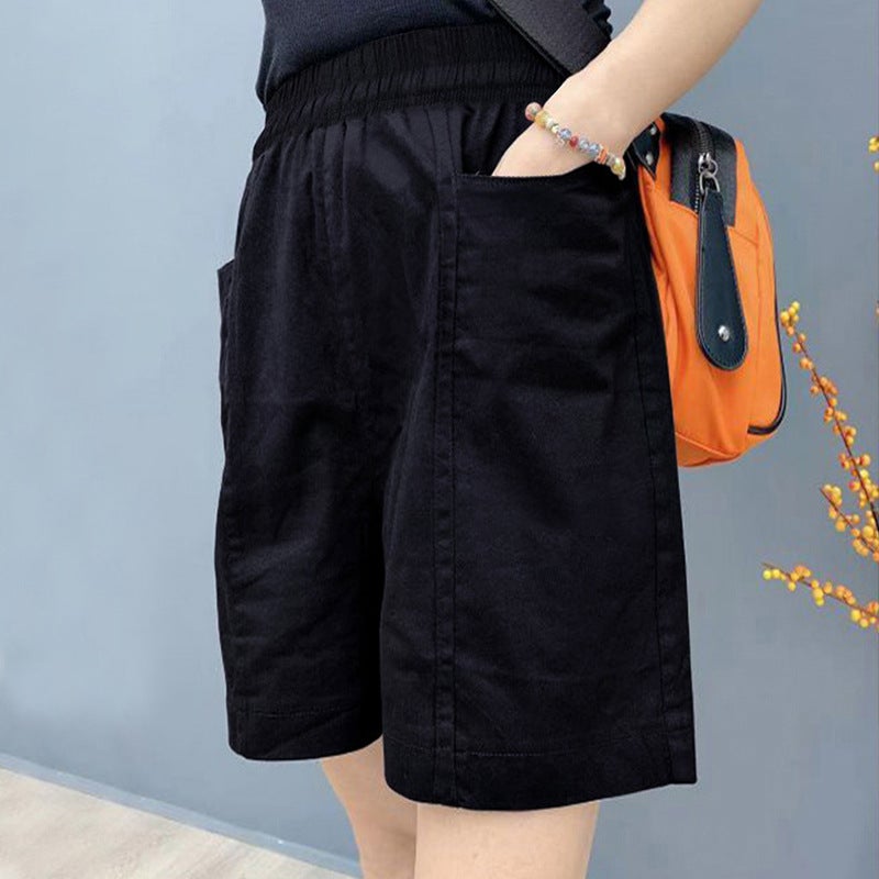 Red Five-point Pants Womens Summer New Arrival Stretchy Waist Large Pocket Large Size Shorts for Chubby Girls Loose Casual Wide-leg Hot Pants Khaki