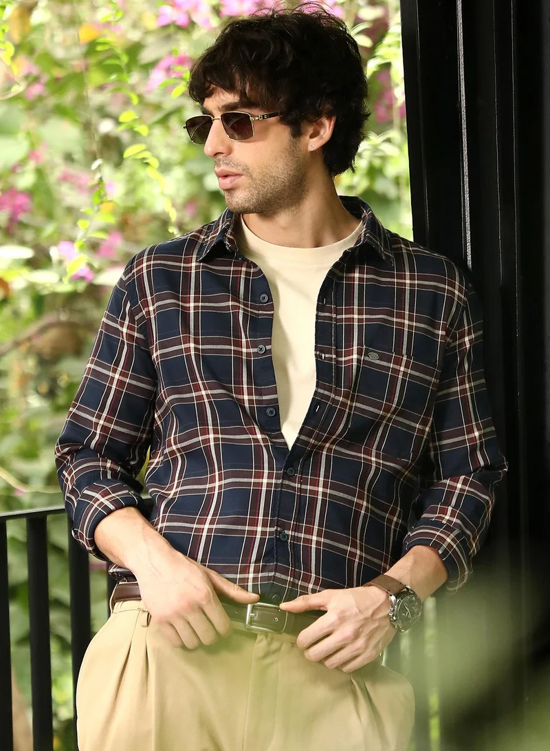 Campus Sutra Men Button-Down Tartan-Plaid Shirt | Button-Down Collar, Long Button-Cuff Sleeves | Button , Curved Hem | Plaid Twill | Woven Fabric For Casual & Daily Wear | Navy Blue