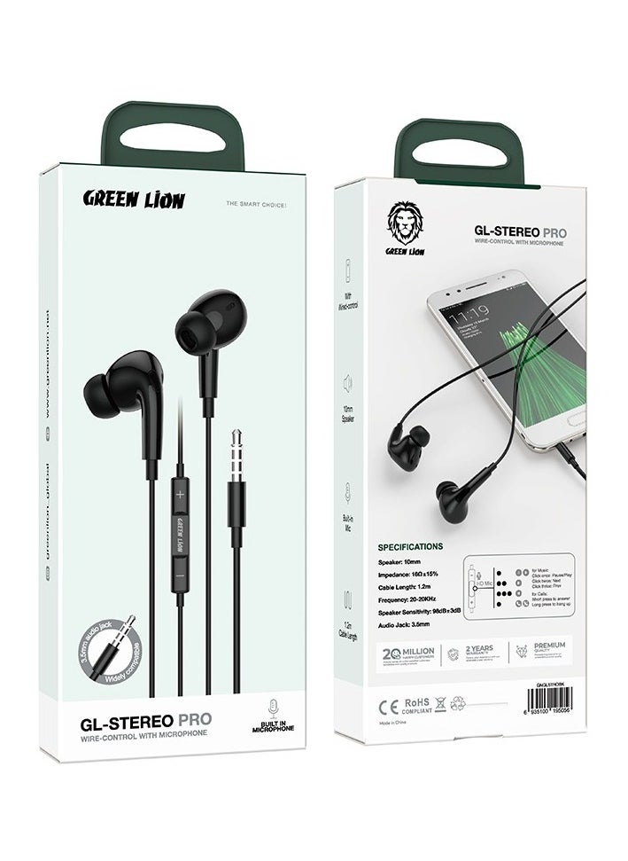 GREEN LION - Earphone GL-Stereo Pro Wire Control With Microphone / 3.5mm Audio Jack / 1.2m Cable / Hands-free / Volume Control / Wired Earphone - Black - Image 1