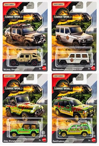 JURASSIC WORLD مجموعة سيارات دياكاست من جراسيك وورلد ماتش بوكس 19 جيب غلادياتور 14 مرسيدس G350 جيب رانجلر فورد إكسبلورر 4 حزمة أعمار 3 JGL59956A - Image 1
