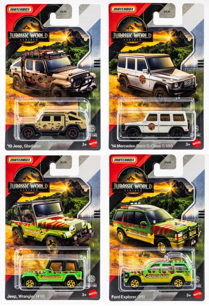 JURASSIC WORLD مجموعة سيارات دياكاست من جراسيك وورلد ماتش بوكس 19 جيب غلادياتور 14 مرسيدس G350 جيب رانجلر فورد إكسبلورر 4 حزمة أعمار 3 JGL59956A - Image 3