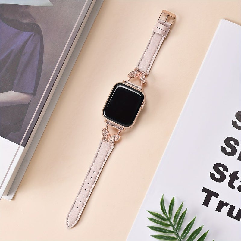 Beige Rose Golden Apple Watch Band Butterfly Rhinestone Design Ultra Thin Soft For Women 38 40 41mm S10 42mm - Image 5