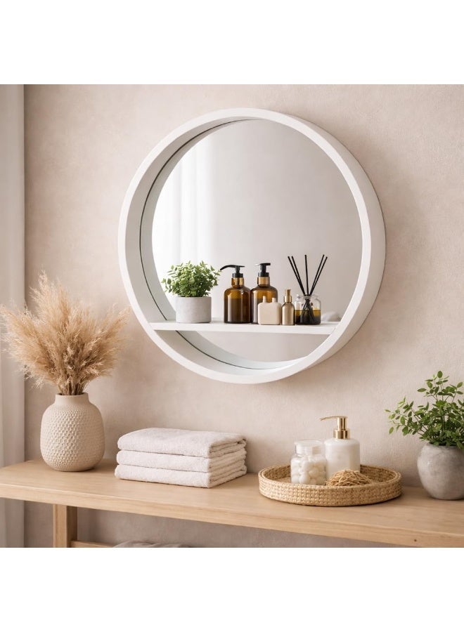 Round Wall Mirror with Shelf, White Metal Frame Circular Mirror, Decorative Wall Mounted Mirror for Bedroom, Living Room, Entryway & Bathroom - Image 1