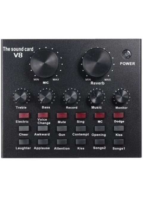 V8 Multifunctional Live Sound Card USB Audio Interface Intelligent Volume Adjustable Audio Mixer Sound Card for Recording Hosting Speech