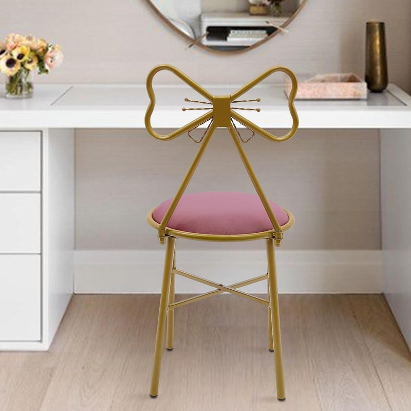 Soft Pink Velvet Cushion Butterfly Bow Tie Chairs Metal Frame Lounge Dresser Seats with Butterfly Backrest for Dressing Room Dining Bedroom Home Coffee Restaurant (Deep Pink) - Image 1