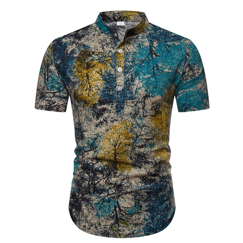 2019 Men's Cotton and Linen Vertical Collar Short-sleeved T-shirt Men's Floral Half-sleeved T-shirt for Men - Image 1