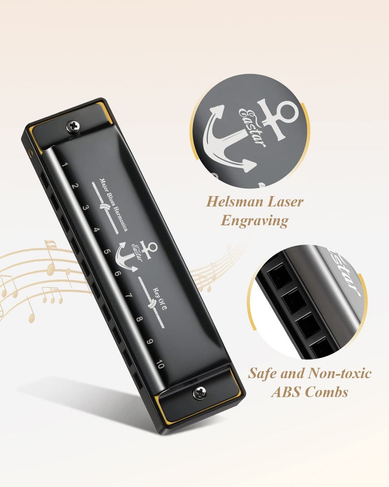Eastar Major Blues Harmonica, 10 Holes C Key Beginner for Kids Children Adults Students, with Hard Case and Cloth, Black - Image 5